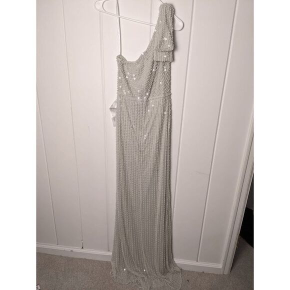 NWT Mac Duggal Women’s One Shoulder Beaded Maxi Dress Silver Size 6 - Picture 9 of 11